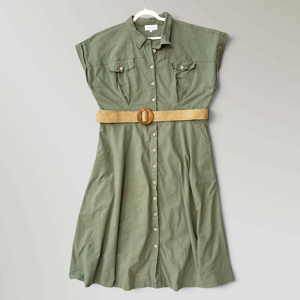 Freemarket Belted Stretch Cotton Midi Shirtdress Olive Pockets Short Sleeve 3X